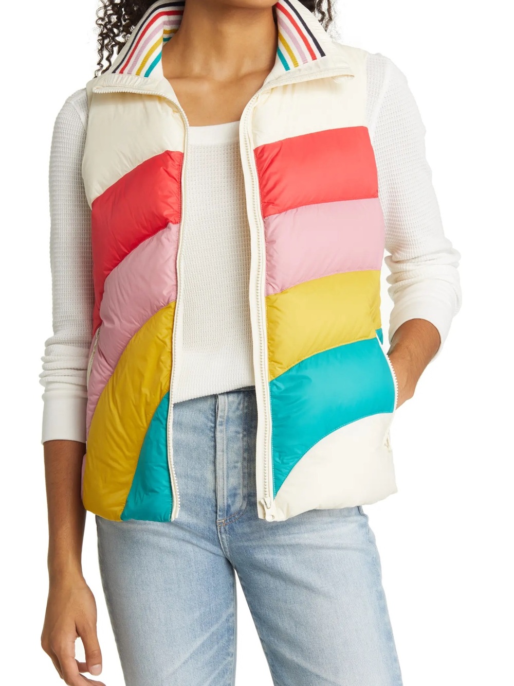 Marine Layer Rainbow-Striped Puffer Vest - White, Red, Pink, Yellow, size M